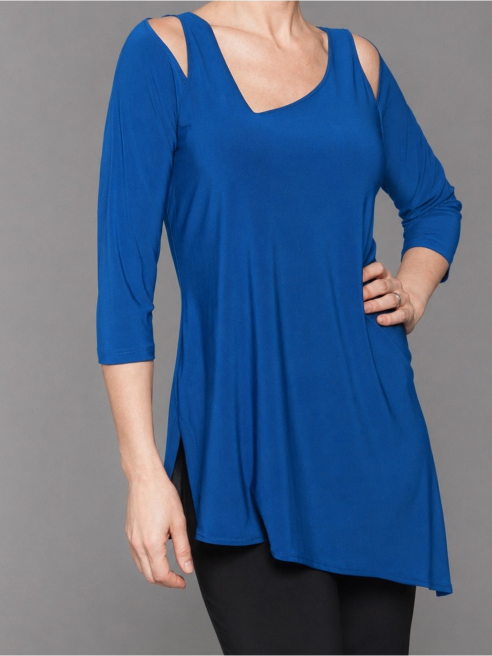 Sympli Blue Asymmetrical Tunic Top Cut-Out 3/4 Sleeves Stretchy Size 14 Office